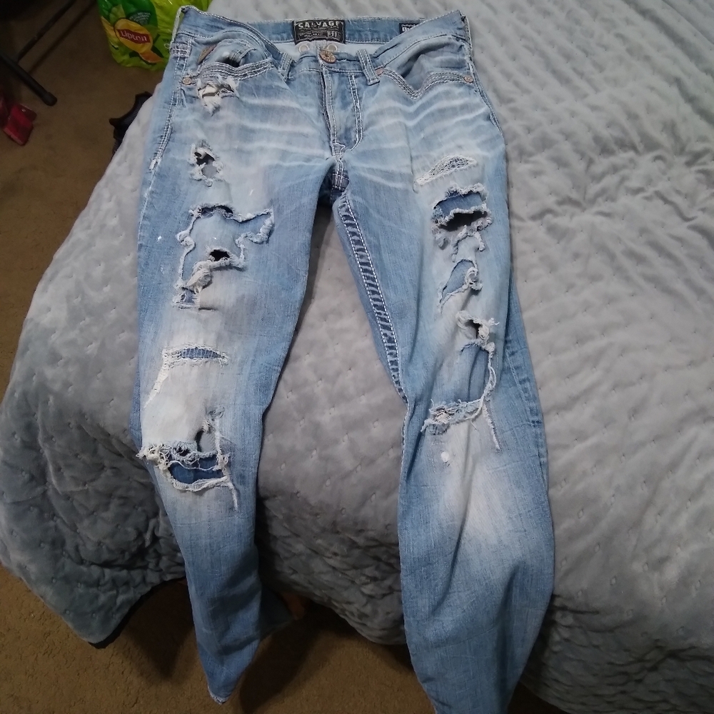 Salvage Light Blue Distressed 29 X 32 Straight Jeans.
